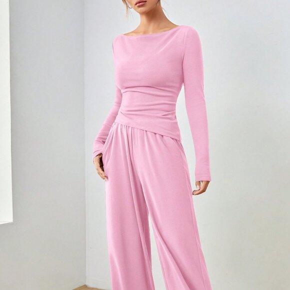 Pink Casual Women's Long Sleeve Blouse And Pants lounge Coord Set - Picture 5 of 7